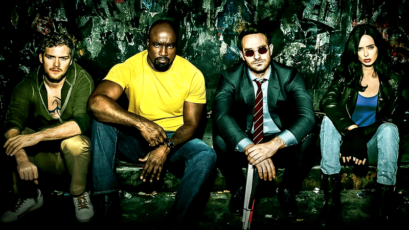 Finn Jones, Mike Colter, Charlie Cox, Krysten Ritter in The Defenders.