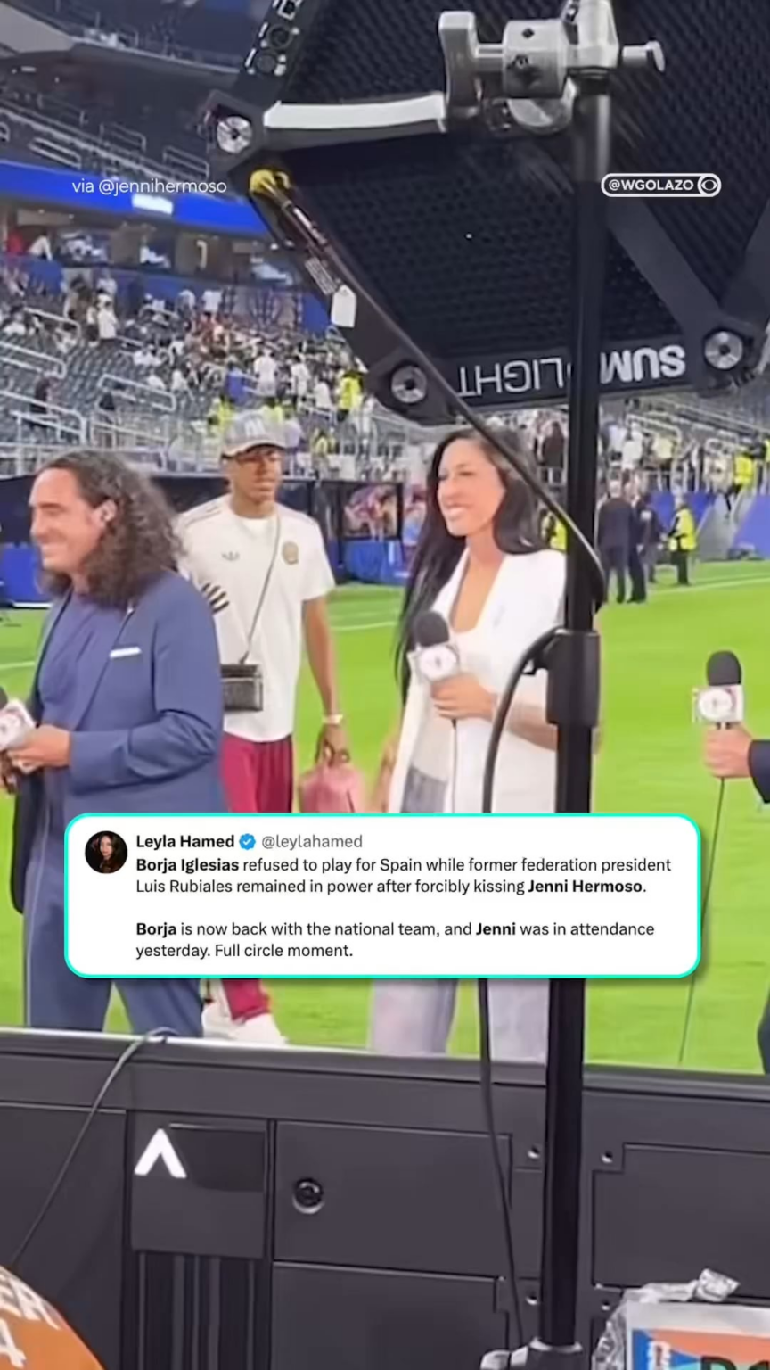 A special moment between Jenni Hermoso and Borja Iglesias after Spain booked its place in the World Cup Final on Tuesday
