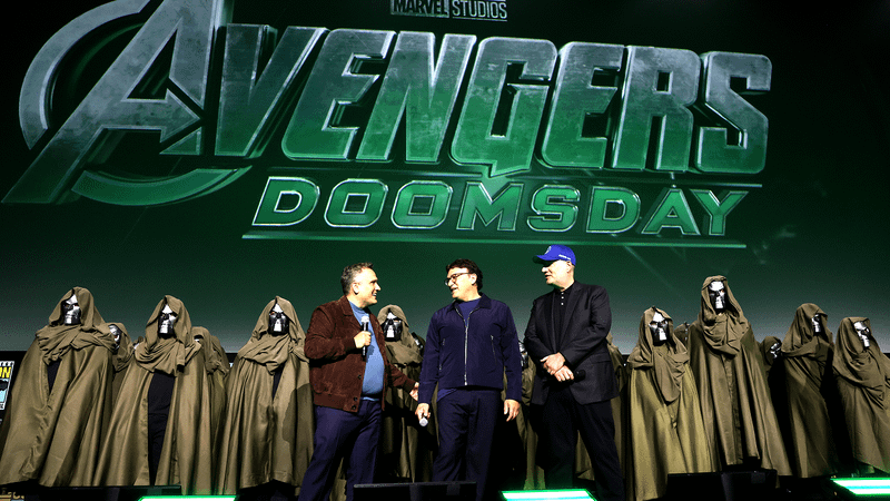 The Russo Brothers and Keving Feige during Marvel's SDCC presentation 2024.