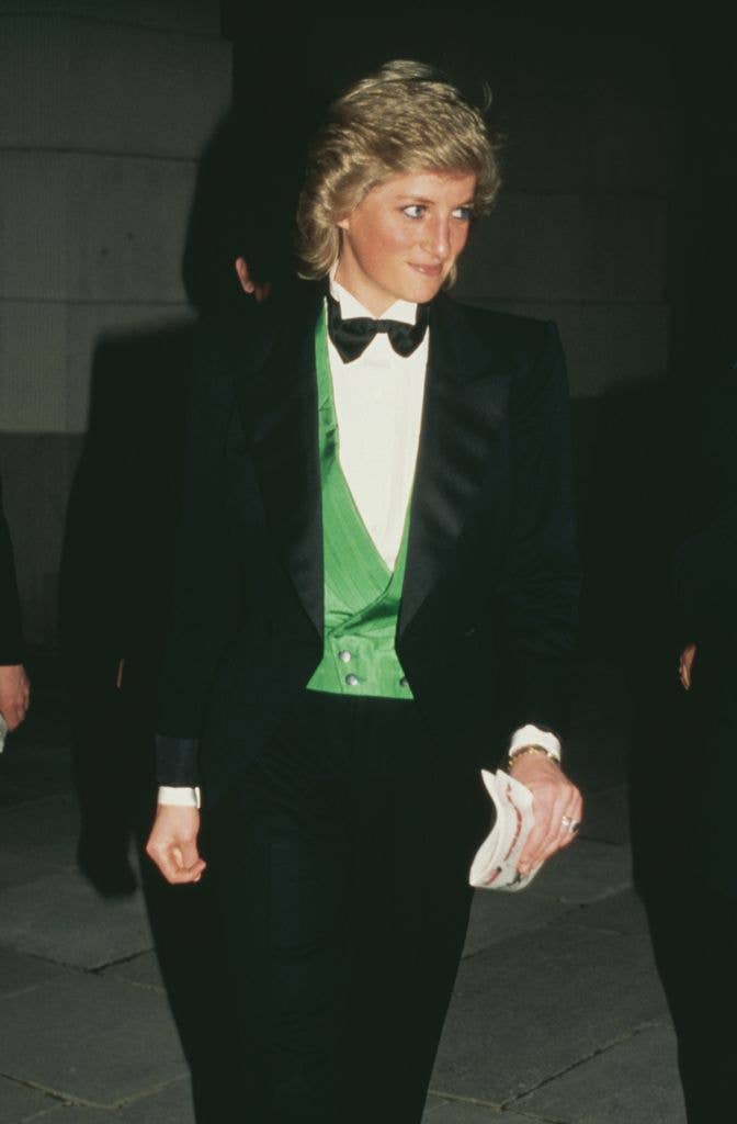 Diana, Princess of Wales wears a green suit to a charity greyhound racing event at Wembley Stadium in 1988