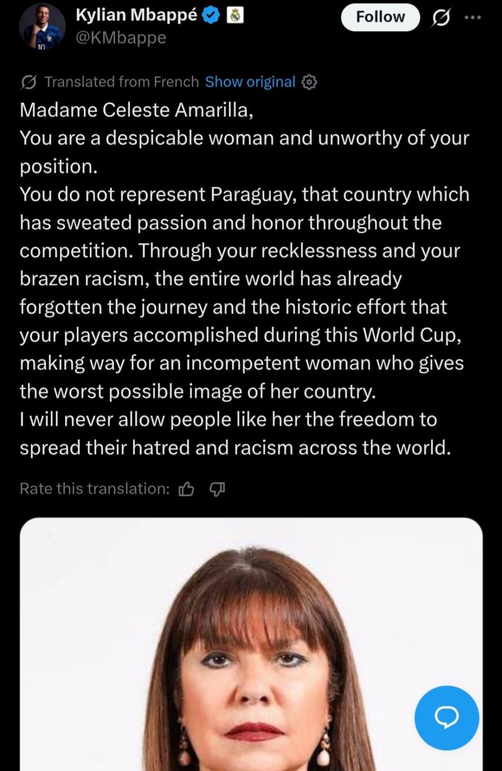 Kylian Mbappé responds to Paraguayan Senator Celeste Amarilla's deranged racist rant against him following France's World Cup win over Paraguay
