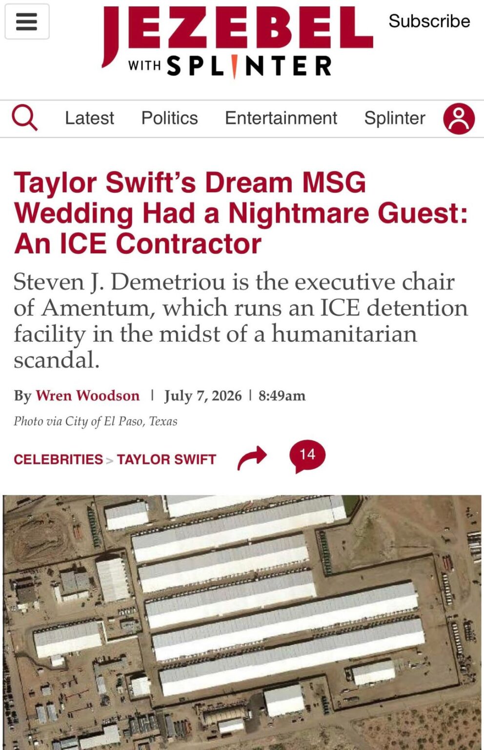 Jezebel wrote an article on Swifties rushing to defend their billionaire idol after Steven J. Demetriou (the executive chair of Amentum which runs an ICE detention facility in the midst of a humanitarian scandal) was spotted at Travis and Taylor’s wedding.
