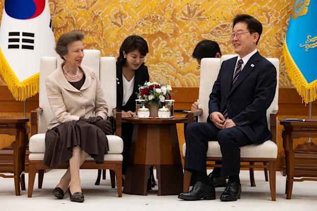 Princess Anne, the Princess Royal (L), talks with South Korean President Lee Jae Myung (R) during their meeting at the Predential Blue House on July 14, 2026 in Seoul, South Korea. Princess Anne, the Princess Royal, is scheduled to pay a courtesy call on President Lee Jae Myung on Tuesday to discuss ways to enhance relations between the two nations.