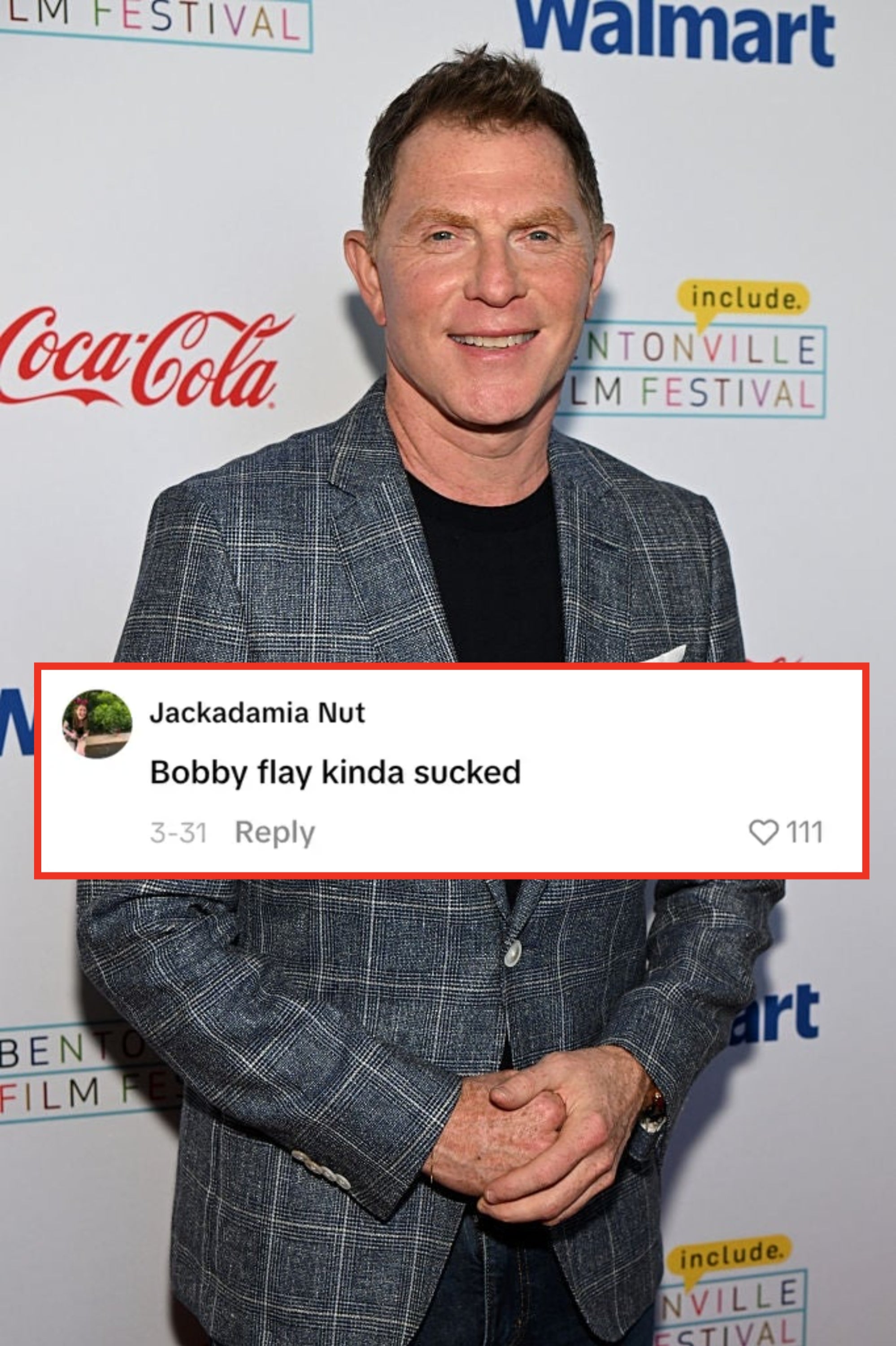 Public figure in a checked blazer and black shirt at Bentonville Film Festival event backdrop