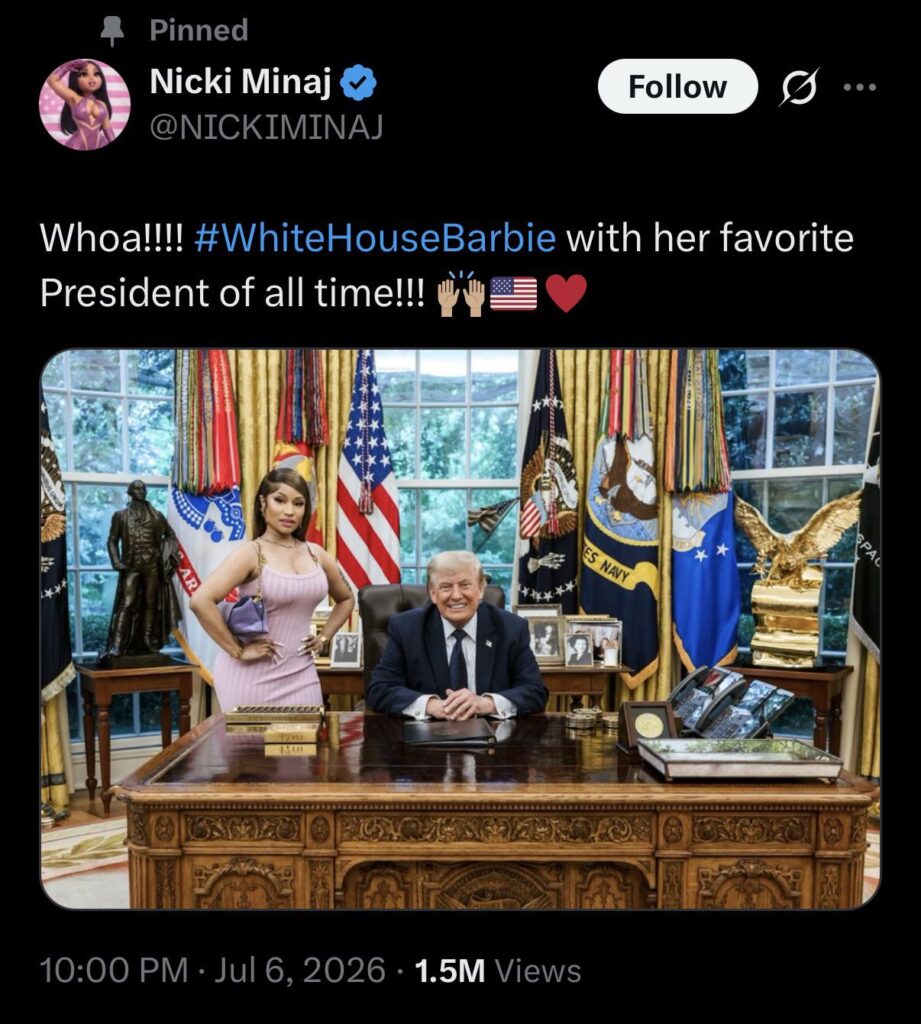 Nicki Minaj tweets a picture of her and Trump and calls him “her favorite President of all time“