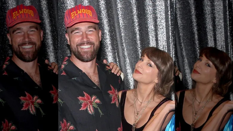 Travis Kelce and Taylor Swift smiling