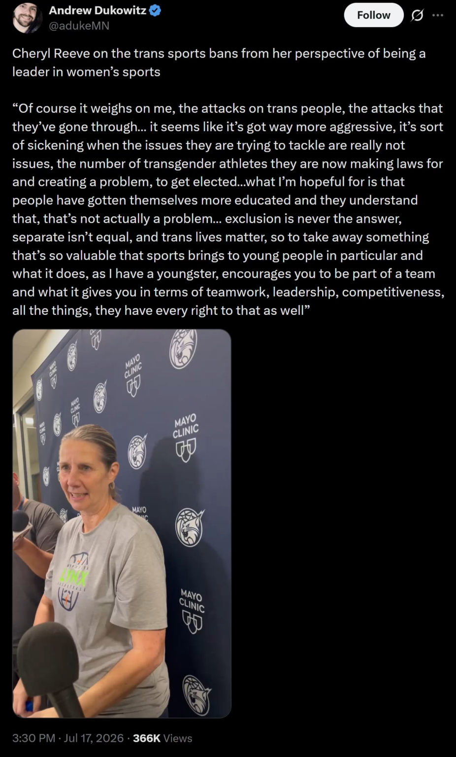 The winningest coach in WNBA history, a 4x Coach of the Year and 4x WNBA champion, Cheryl Reeve on the wave of trans sports bans in America: "Exclusion is never the answer, separate isn’t equal, and trans lives matter."