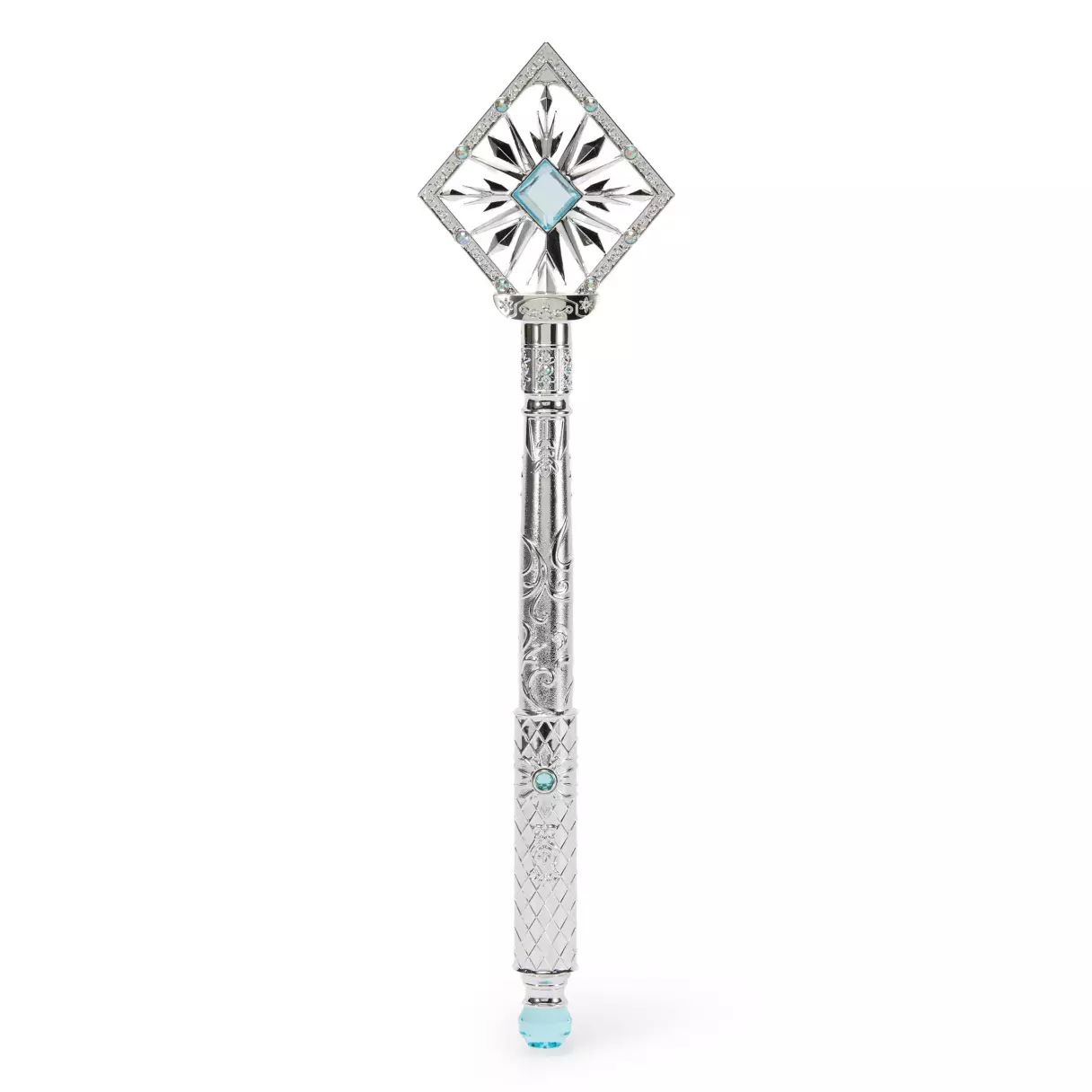 With a silvery sheen, this light-up wand is based on Elsa's aesthetic. The blue gem at the top lights up, and the wand plays "Let It Go" for 30 seconds. There are filigree patterns throughout the handle of the wand, which comes to a snowflake shape at the top. 