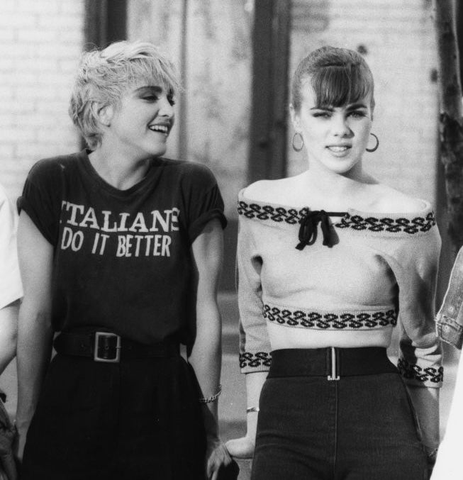 Madonna and Debi Mazar on the set of Madonna's "Papa Don't Preach" music video