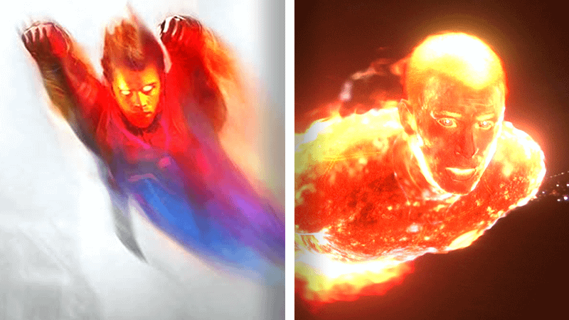 Chris Evans, Johnny Storm, Human Torch, Fantastic Four 3 concept art vs 2005 movie flying.