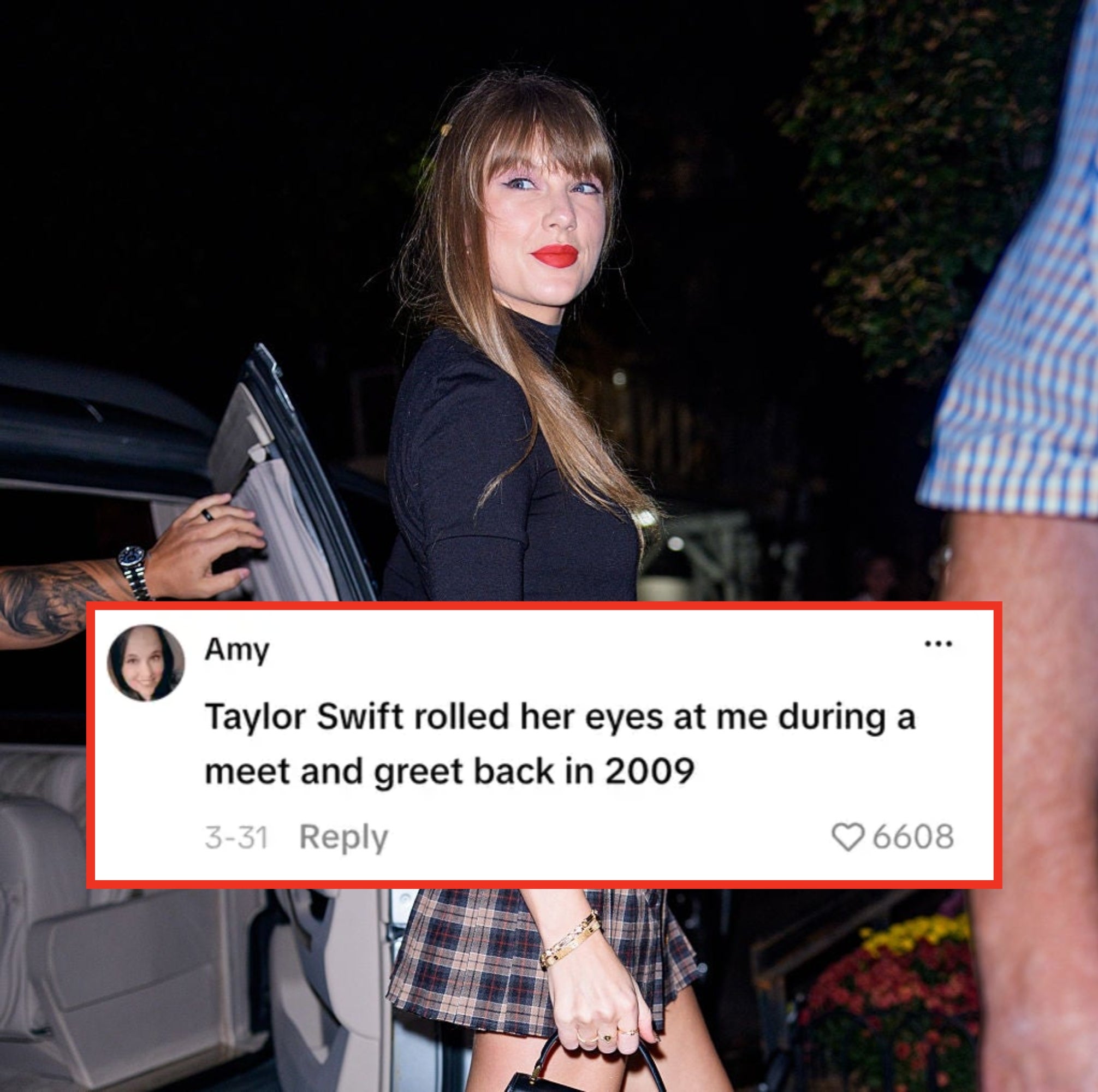 Celebrity in a plaid skirt and black top stepping out of a car at a nighttime event