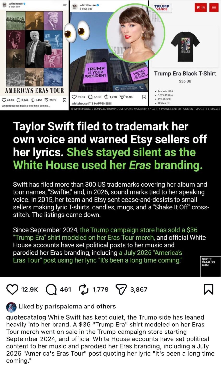 Singer-songwriter Paris Paloma likes post criticizing Taylor Swift for staying silent as Trump uses her music and Era branding.