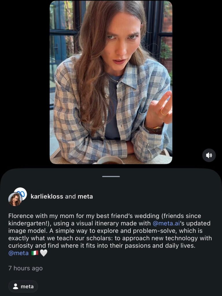 Karlie Kloss promoting Meta AI yesterday. It was also announced yesterday Meta now lets anyone use your IG photos in AI images unless you opt out. Users can remix your images using Al without your knowledge as “you will not be notified about content created using Al features at Meta.”