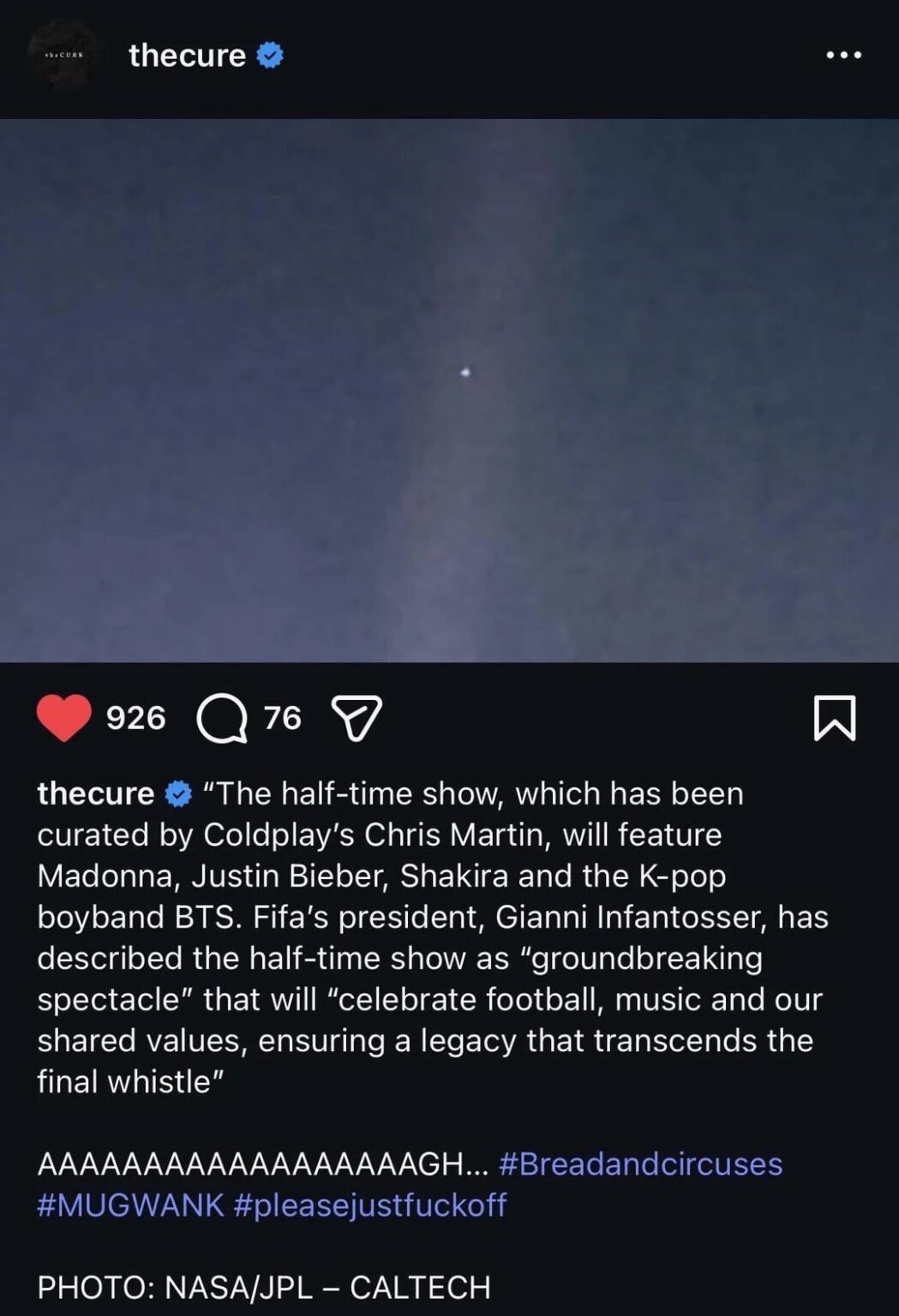 Robert Smith‘s (The Cure) take on the World Cup halftime show