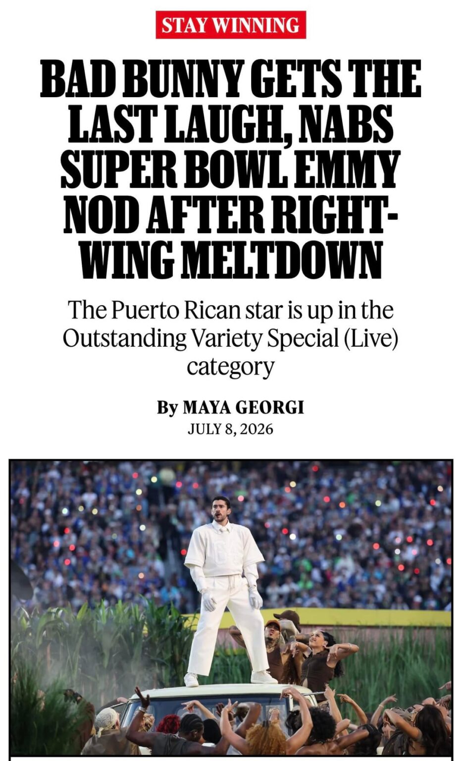 Bad Bunny gets the last laugh, nabs Super Bowl Emmy nod after right-wing meltdown