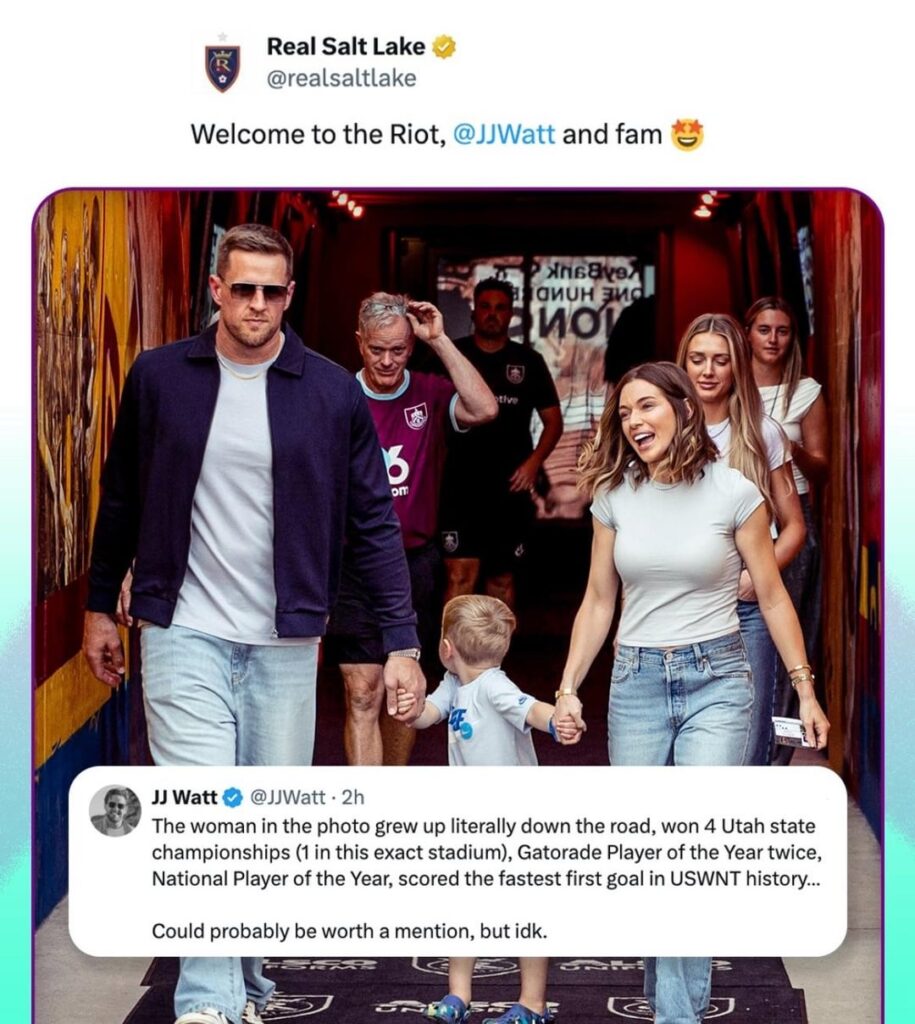 JJ Watt calls out MLS Real Salt Lake for description of his wife soccer icon Kealia Watt “The woman in the photo grew up down the road, won 4 Utah state championships (1 in this stadium), Gatorade Player of the Year twice, National Player of the Year, scored the fastest first goal in USWNT history.”