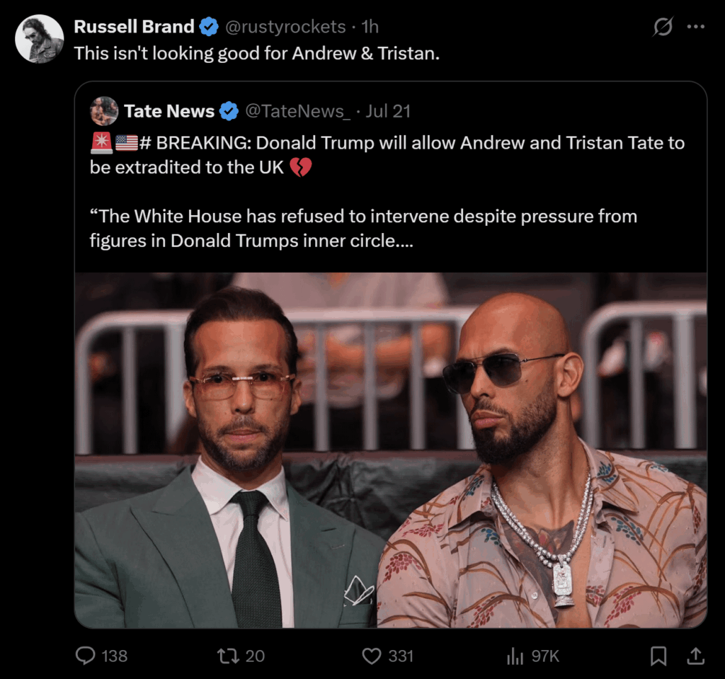 Sexual predator Russell Brand comments on sexual predators Andrew Tate and Tristan Tate