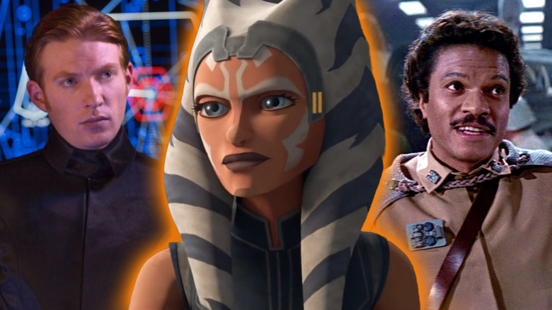 Animated Ahsoka Tano surrounded by Admiral Hux and Lando Calrissian from the Star Wars franchise in a composite image