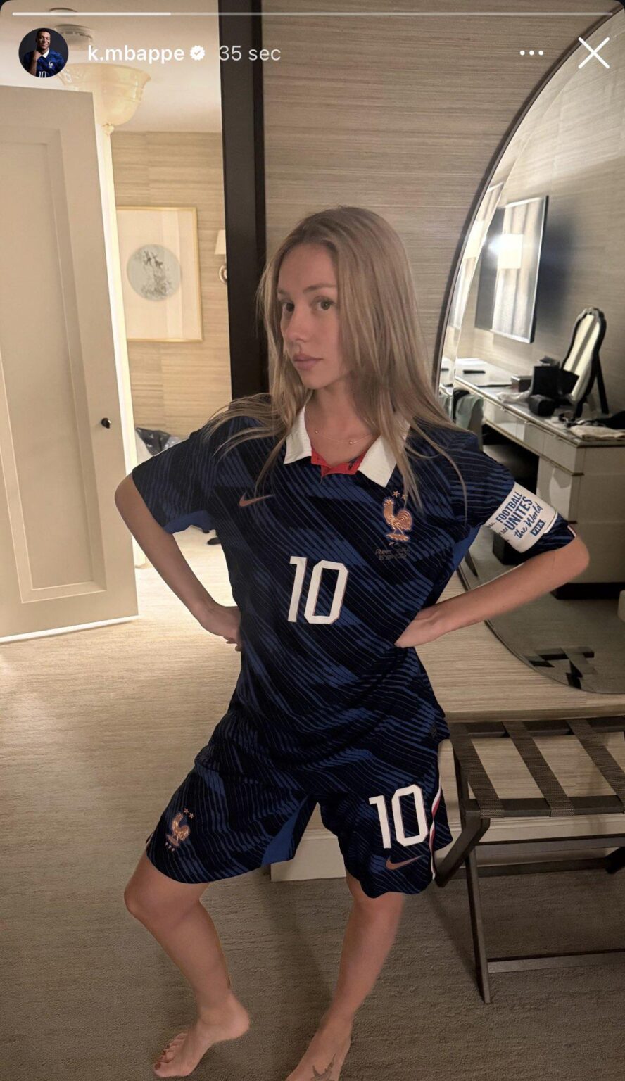 Kylian Mbappé posts and quickly deletes girlfriend Ester Expósito, Spanish actress, dressed in his full French National uniform on IG.