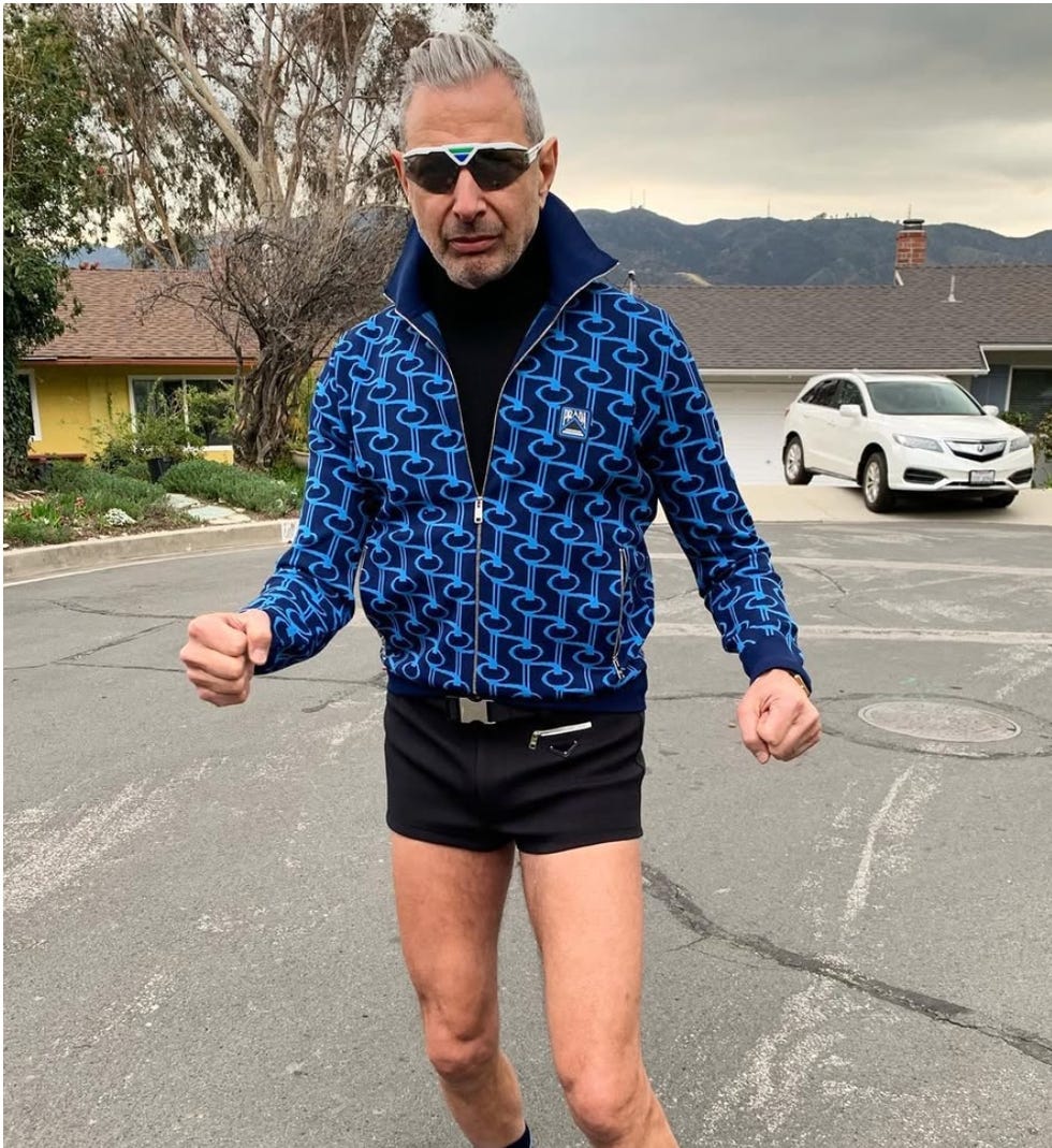 jeff goldblum working out doing yoga and going on a run