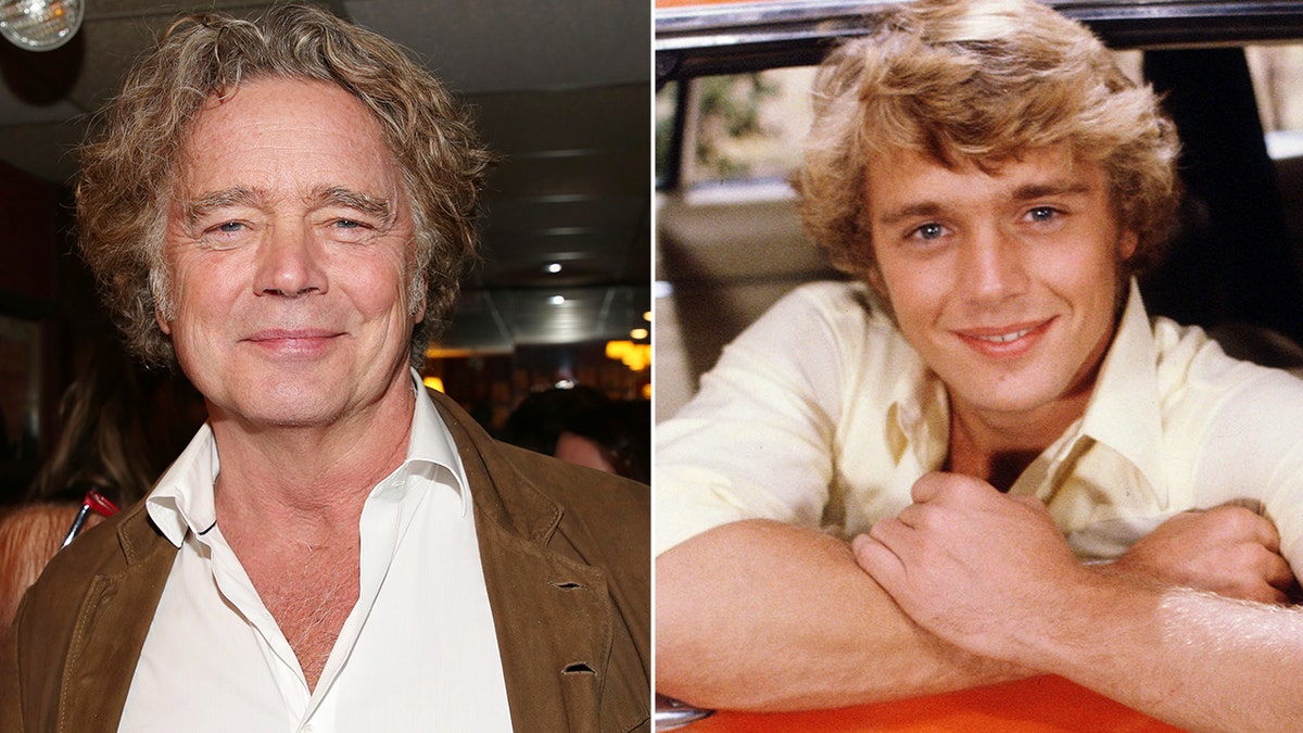 John Schneider poses during a celebration event while an inset image shows him as Bo Duke in a television scene.