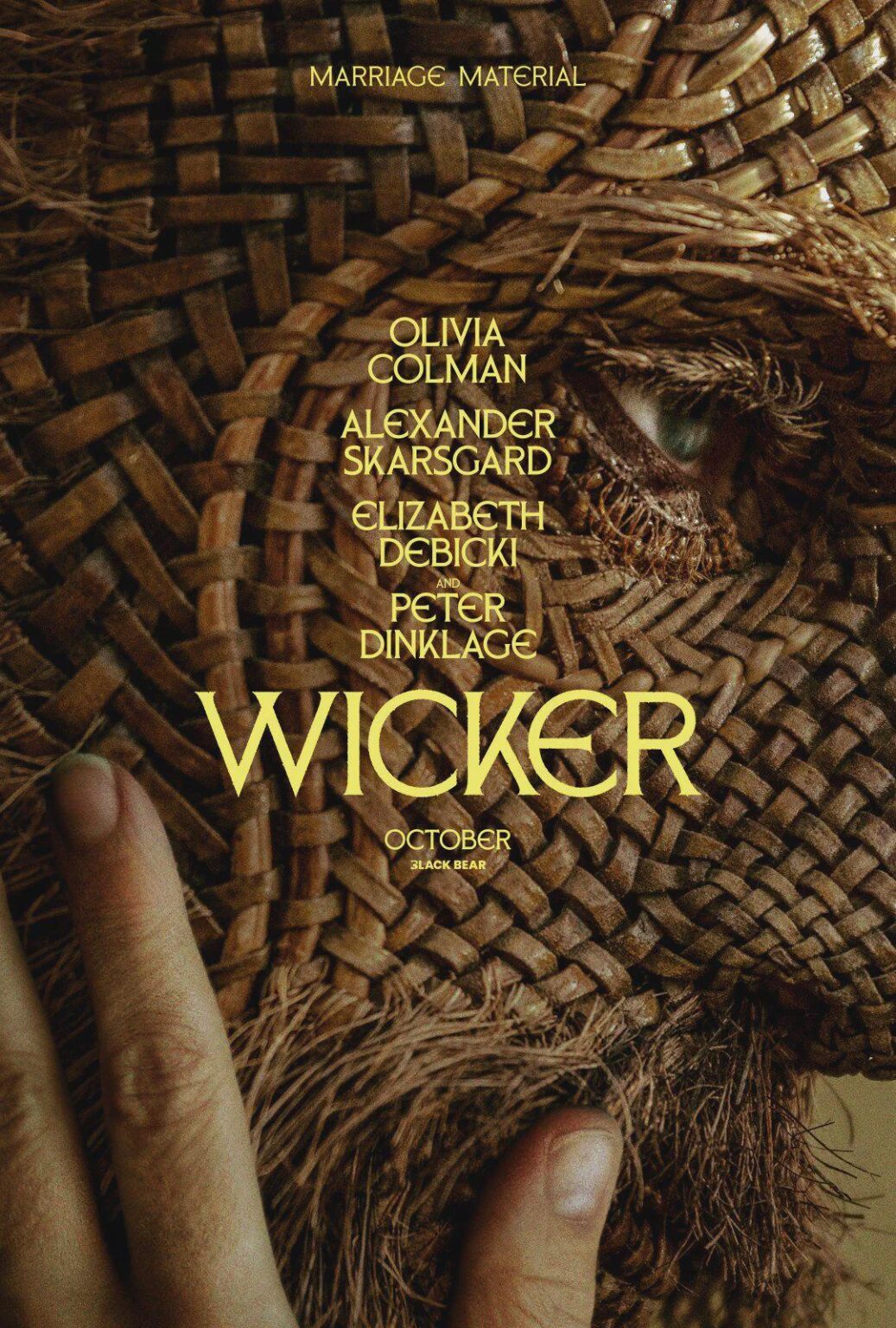 Official Poster for 'Wicker' - Follows an isolated, mocked woman (Olivia Colman) who commissions a basket maker (Peter Dinklage) to weave her a husband (Alexander Skarsgård)