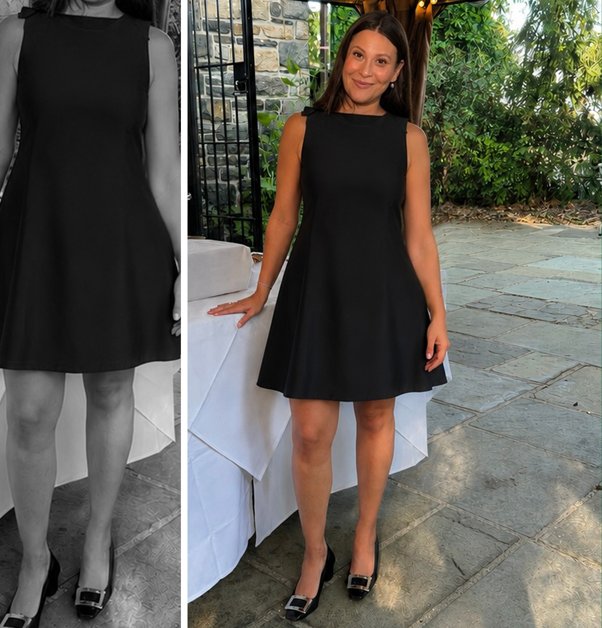 collage of Sara Holzman wearing the babydoll dress trend for The A-List Edit