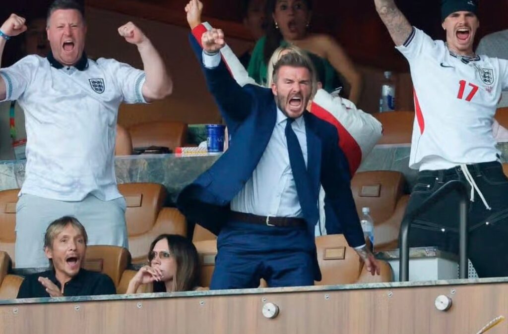 Victoria Beckham displays an outpouring of emotion as England score the goal that sends them to the World Cup semi-finals