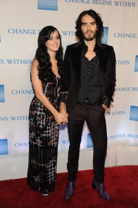 Musician's Katy Perry (L) and Russell Brand attend the David Lynch Foundation's Change Begins Within benefit at the Metropolitan Museum of Art. (Photo by Steve Eichner/WWD/Penske Media via Getty Images)
