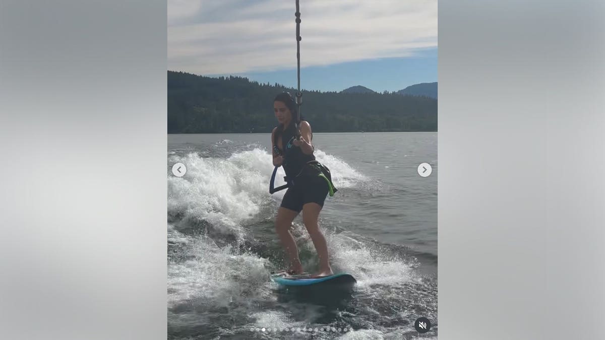 Kim Kardashian showed off her athletic side while water skiing during her lake vacation.