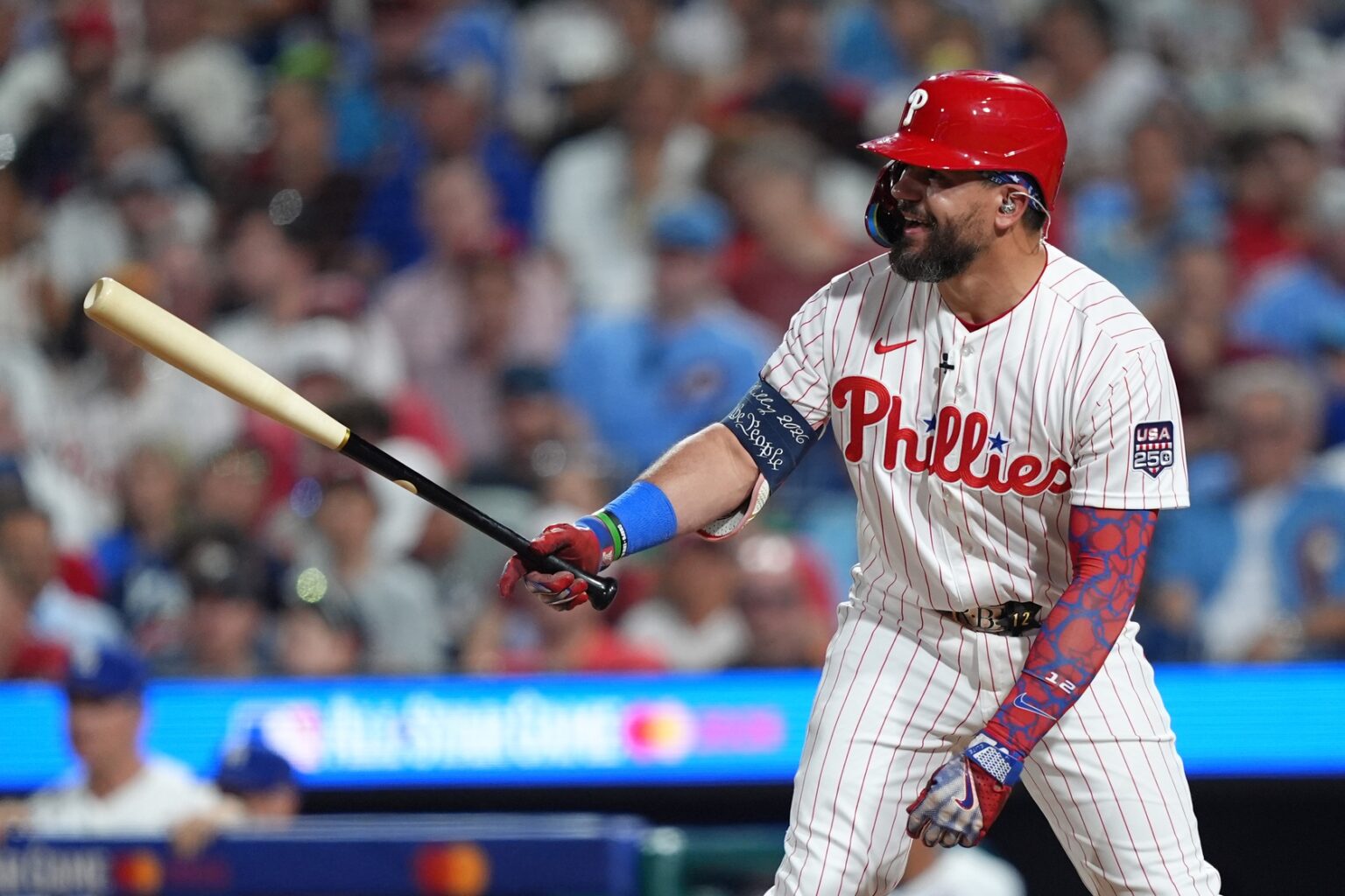 This Phillies Fan Pulled Off the Perfect Celebrity Encounter With Kyle Schwarber in Avalon Jul 14, 2026; Philadelphia, Pennsylvania, USA; Philadelphia Phillies designated hitter Kyle Schwarber (12) reacts while batting during the third inning for the All-Star Game at Citizens Bank Park.
