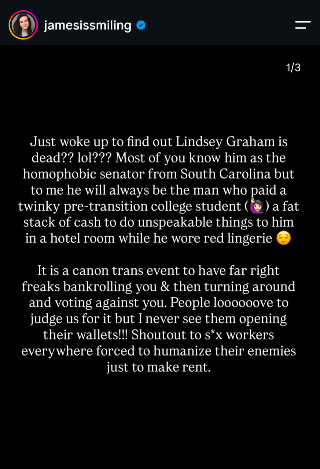 Influencer Author and Activist Jesse James Rose reveals that in college she was paid for sex with Lindsey Graham and that his Ladybugs are real.