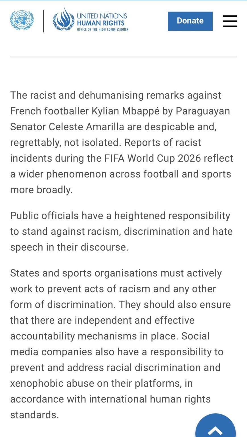 The UN has declared their support for Kylian Mbappé following the racist attacks towards him by Paraguayan Senator Celeste Amarilla