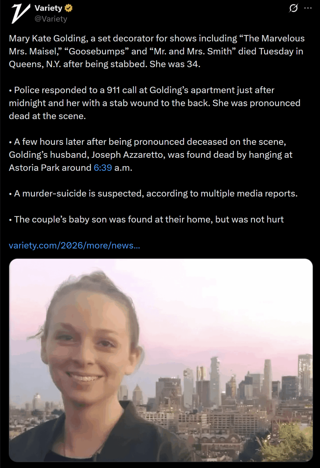 Mary Kate Golding, the set decorator for “The Marvelous Mrs. Maisel,” “Goosebumps” and “Mr. and Mrs. Smith” was killed after being stabbed in the back by her husband. She was 34 years old.