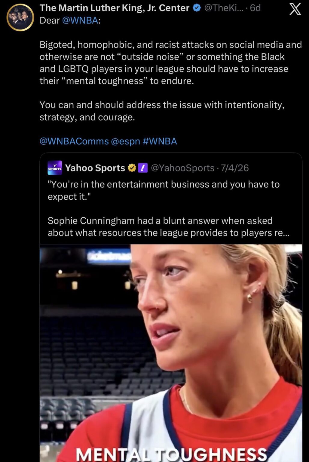 The King Center issued a statement expressing its disapproval of Sophie Cunningham’s remarks and urging the WNBA to take action against bigoted, homophobic, and racist attacks on social media.