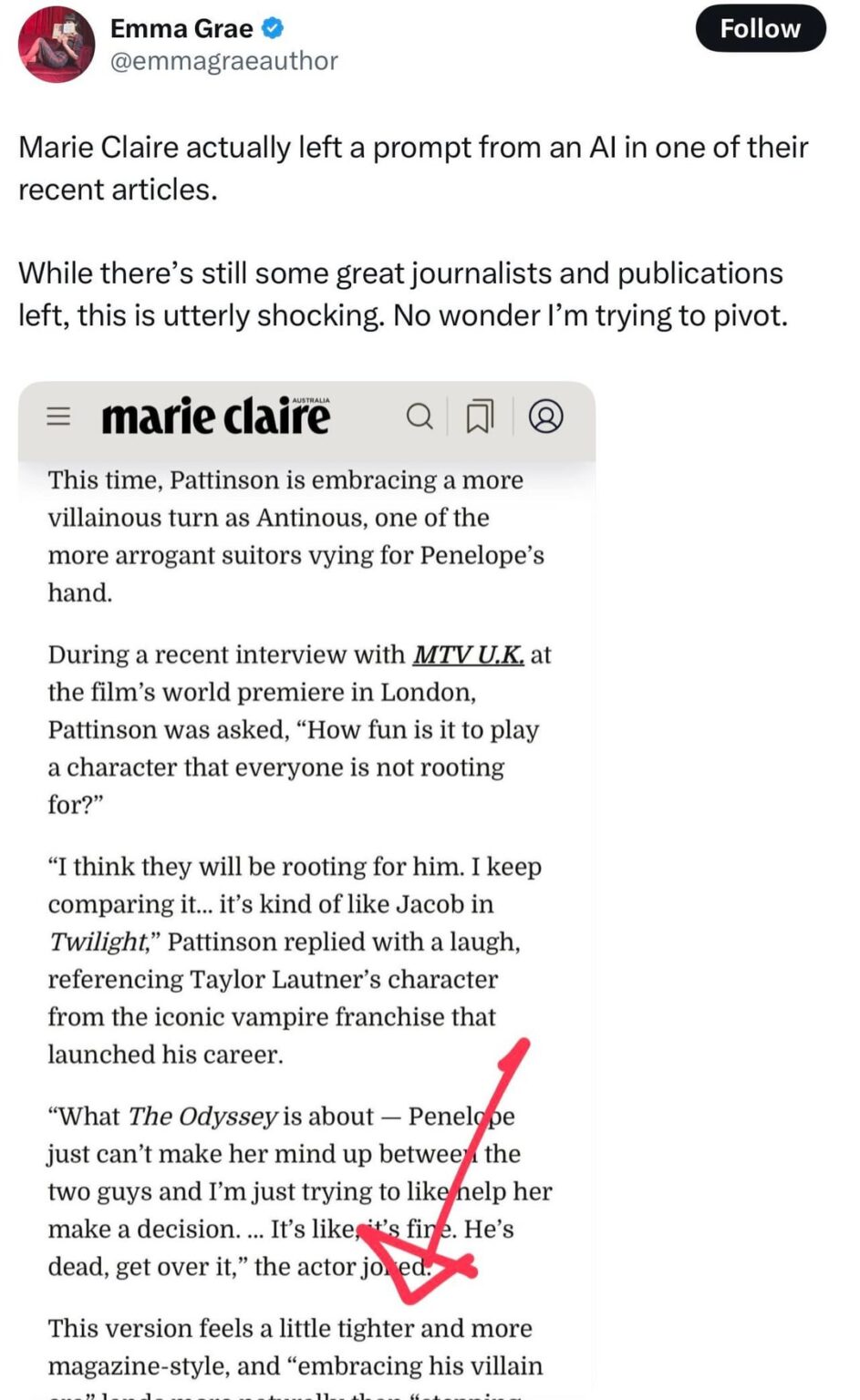 Author and journalist Emma Grae calls out Marie Claire Australia for leaving an AI prompt in an article