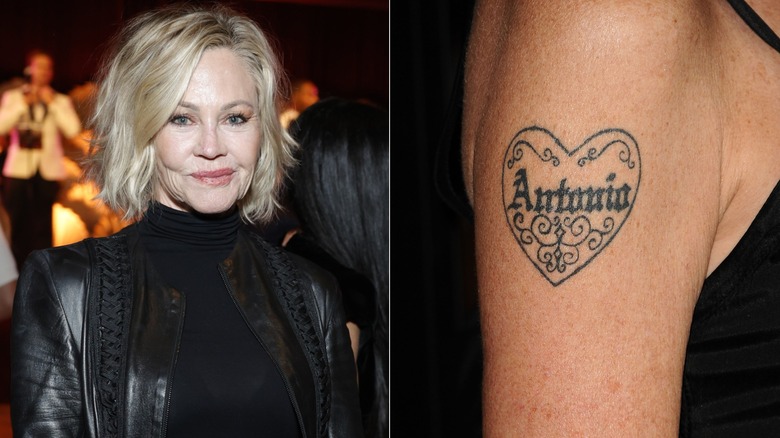 Split image of Melanie Griffith and a close-up of her old arm tattoo featuring Antonio Banderas' name