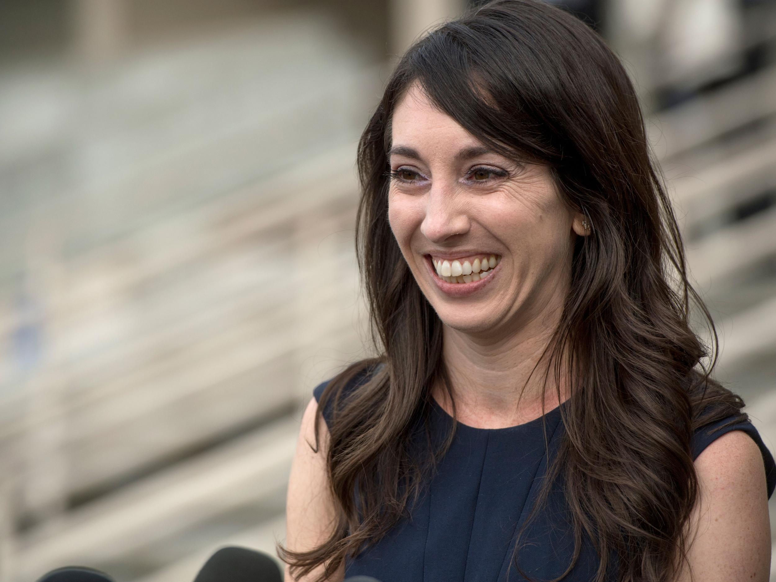 Michelle Hadley speaking to the media in 2017 after being cleared of all charges