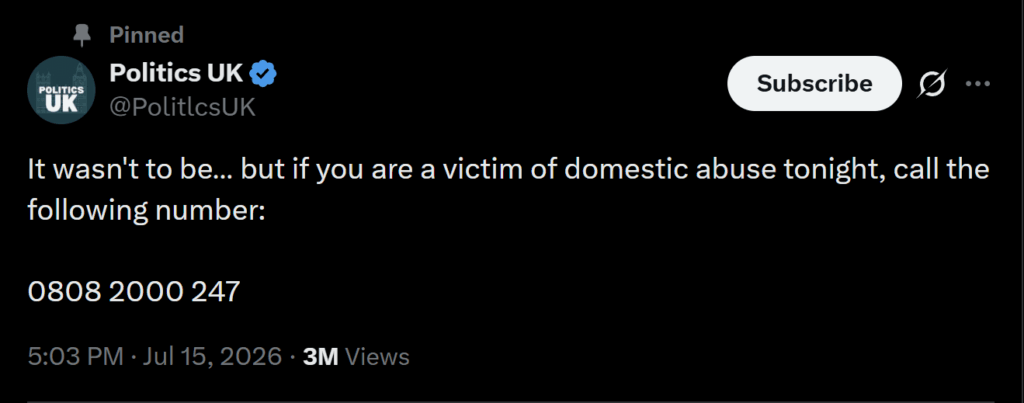 Politics UK shares domestic abuse helpline number after England’s defeat, as domestic violence rates rise by up to 38% following losses