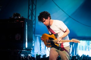 ROTTERDAM, NETHERLANDS - JULY 07: Andrew Savage of Parquet Courts performs on stage at Zuiderpark on July 7, 2013 in Rotterdam, Netherlands. (Photo by Dimitri Hakke/Redferns via Getty Images)