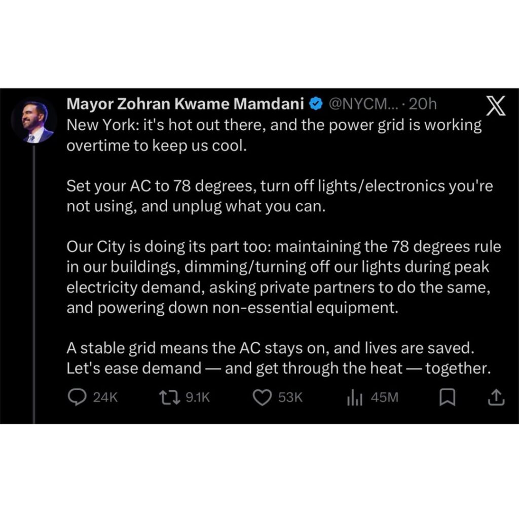 Zohran Mamdani asks New Yorkers to set their AC to 78 degrees and conserve power to literally save lives. Ted Cuz responds by saying “In a first-world country, you could turn on the A/C.” People point out Texas has historically made the same request.