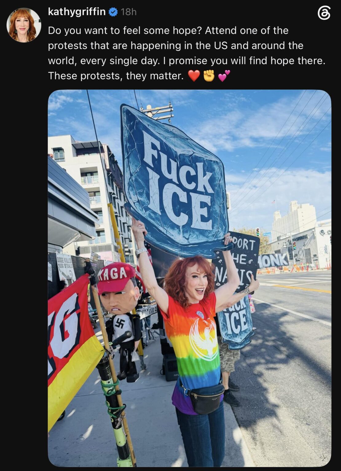 Kathy Griffin encourages her followers to attend a protest while sharing the message “Fuck ICE”