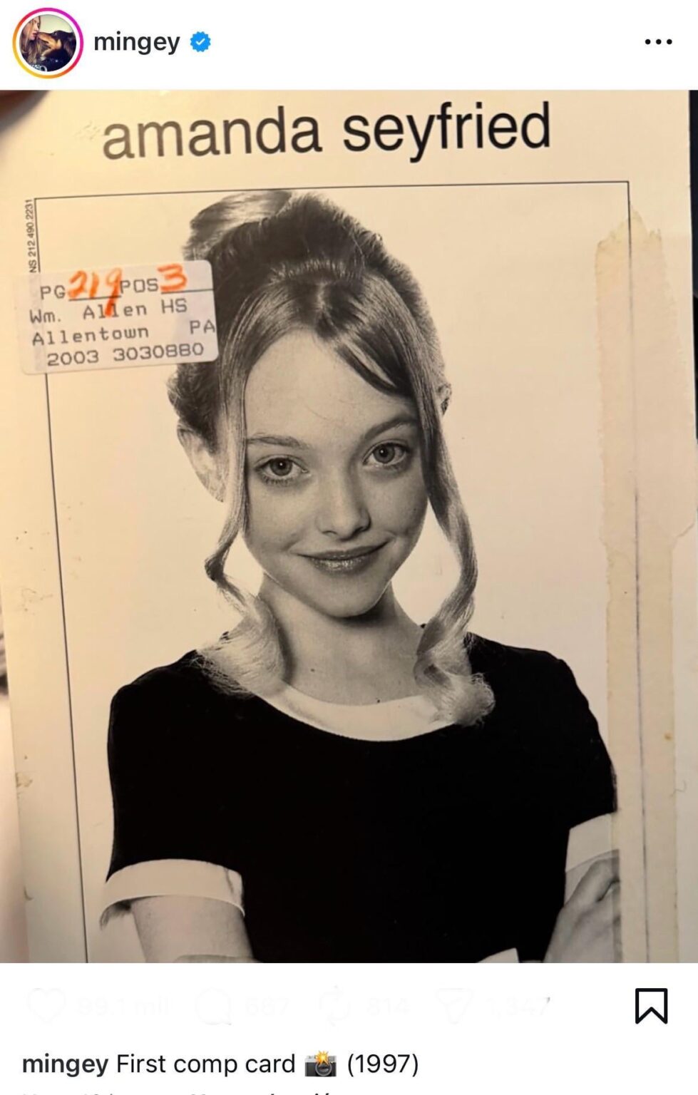 Amanda Seyfried shares her first comp card (1997)