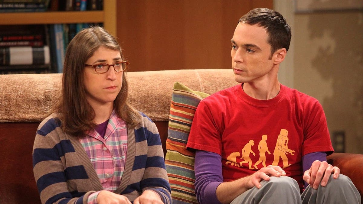 Sheldon and Amy Farrah Fowler stand together in a scene from The Big Bang Theory.