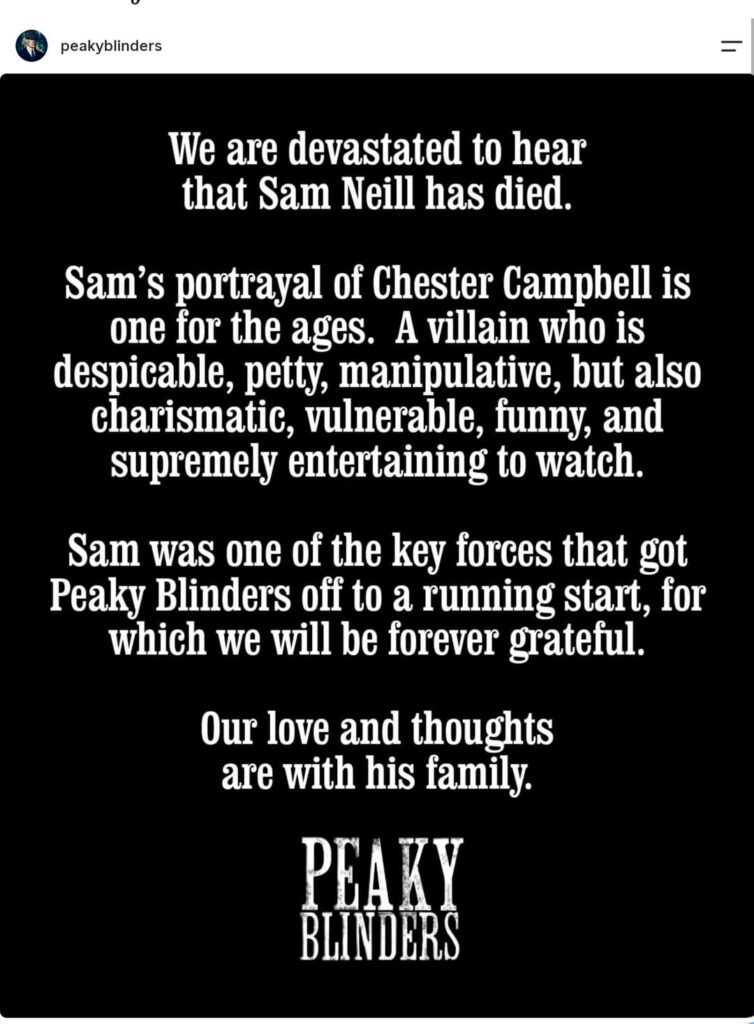 Peaky Blinders pays tribute to Sam Neill