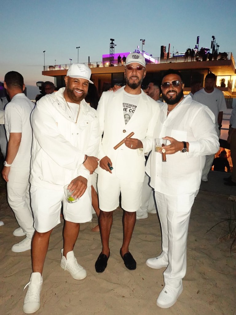 Lenny Santiago, Swizz Beatz, and DJ Khaled attend Michael Rubin's white party in Bridgehampton