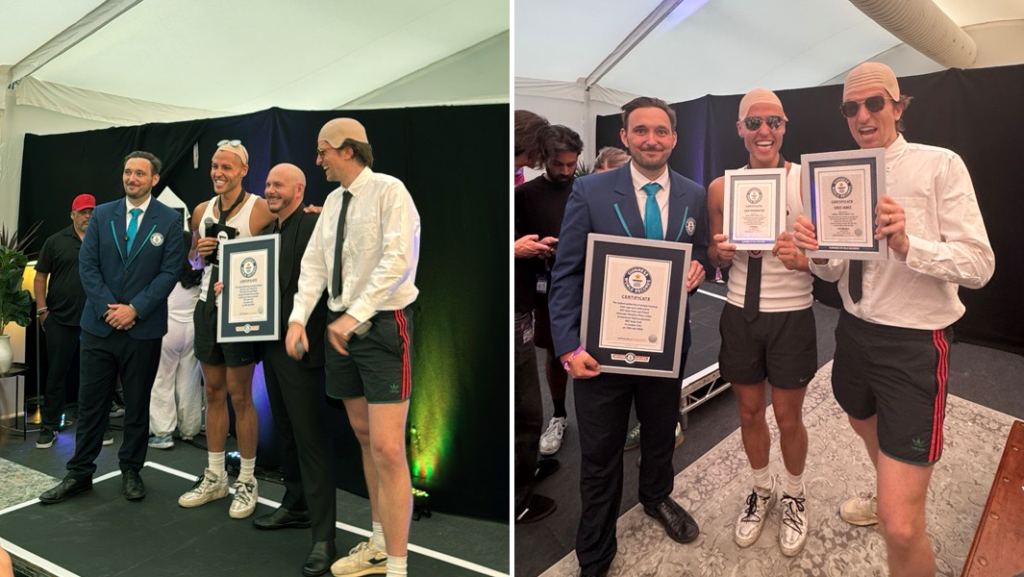 Is that you, Pitbull? Thousands of fans brave bald caps in heatwave to break world record Split image of a Guinness World Records adjudicator standing with Pibull, Greg James and Jack Remmington, alongside a picture of just the adjudicator with Greg and Jack holding Guinness World Records certificates
