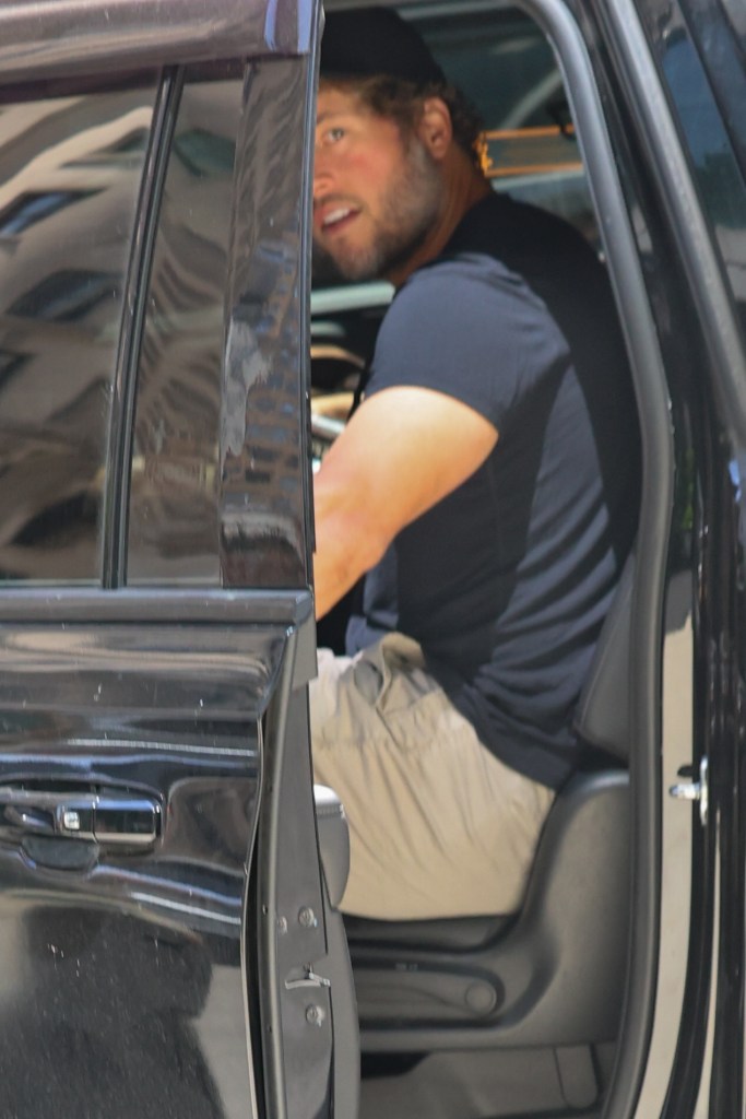 NFL quarterback Matthew Stafford arrived at a New York City hotel ahead of Taylor Swift's wedding.
