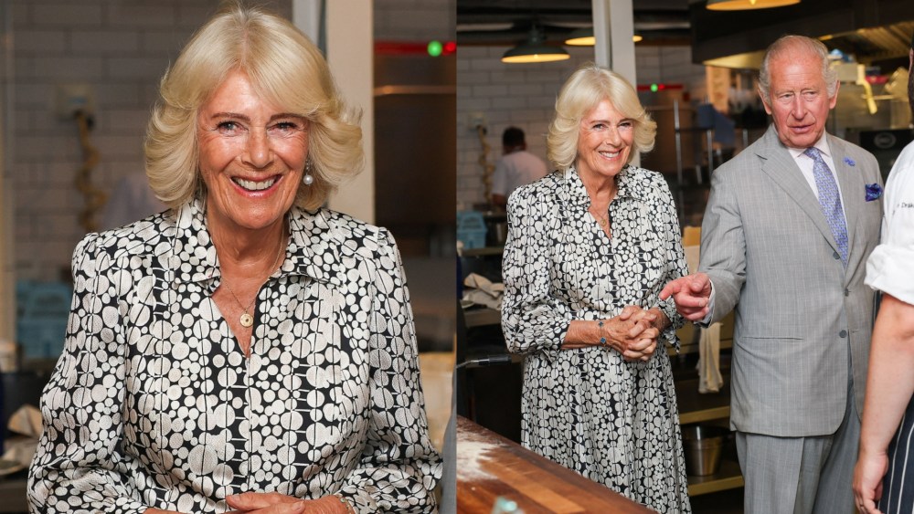 Queen Camilla, in Fiona Clare, and King Charles III visit Blandford Forum on July 16 in England.