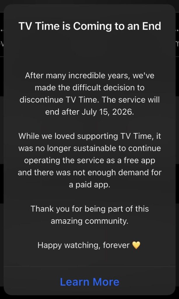TV Time app is coming to an end on July 15, 2026!